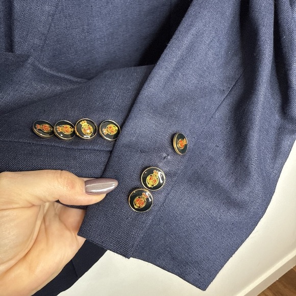 Vintage Ralph Lauren 100% Linen Blazer Women 6P Navy Logo Crest Button Old Money - Picture 3 of 7